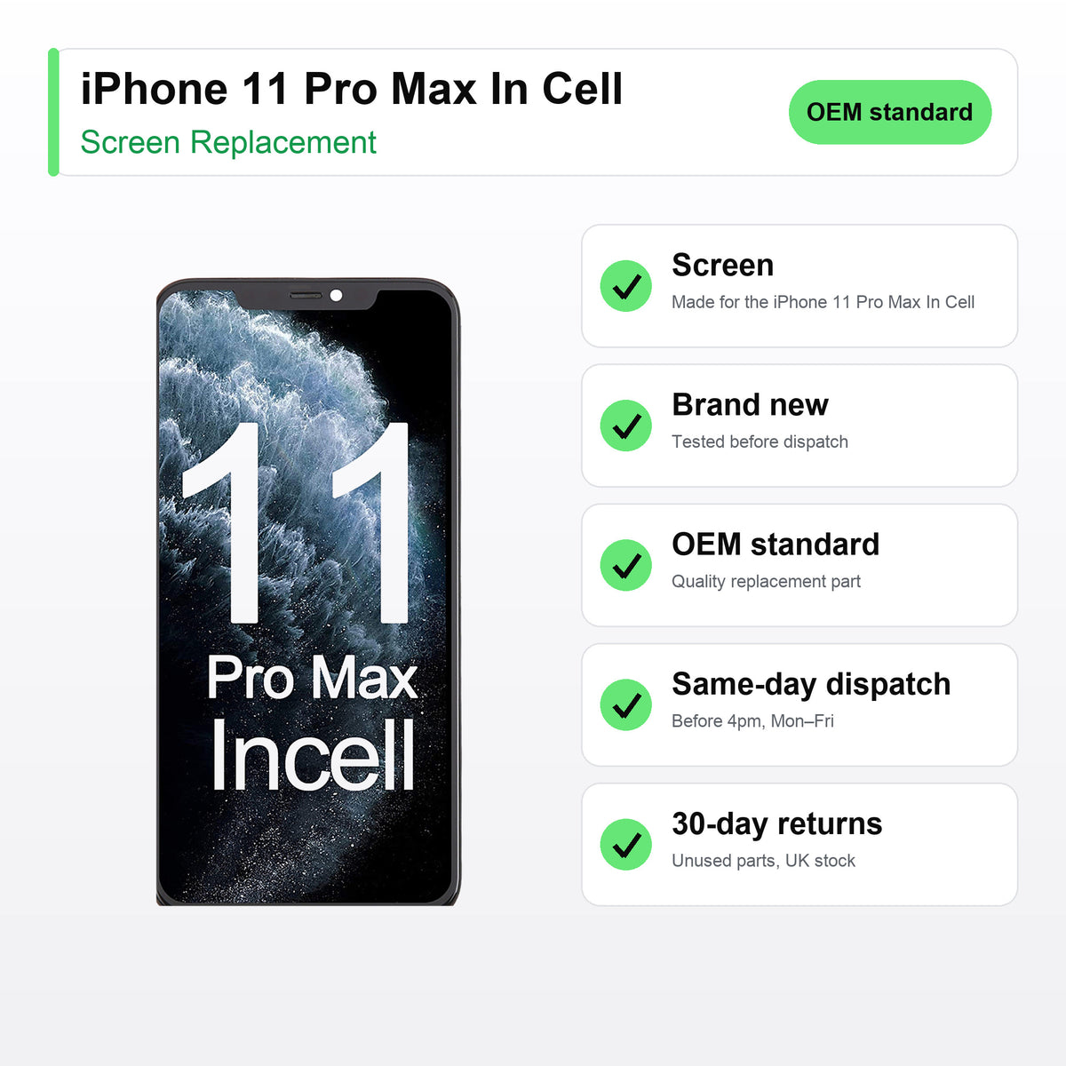 iPhone 11 Pro Max In Cell screen key facts: brand new, tested, same-day UK dispatch