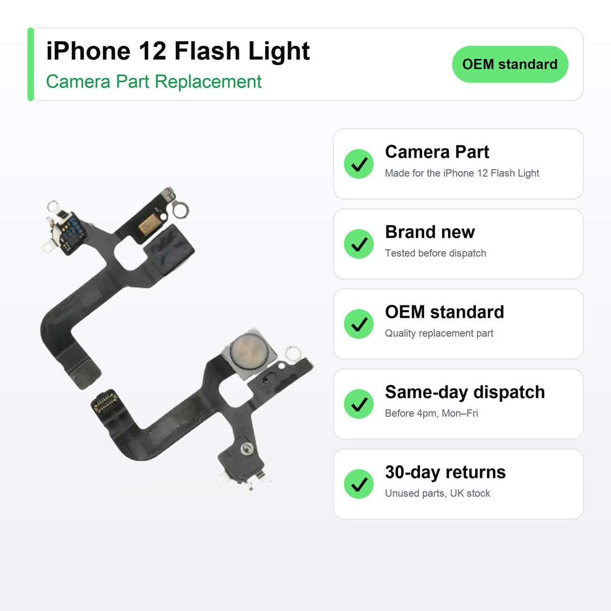 iPhone 12 Flash Light camera lens key facts: brand new, tested, same-day UK dispatch