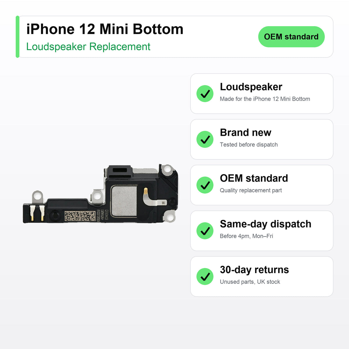 iPhone 12 Mini Bottom loudspeaker key facts: brand new, tested, same-day UK dispatch