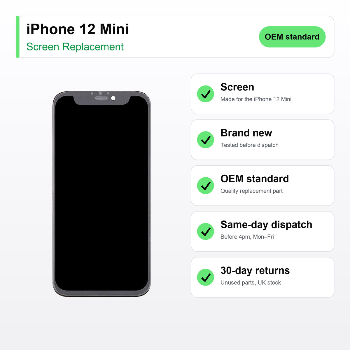 iPhone 12 Mini screen key facts: brand new, tested, same-day UK dispatch