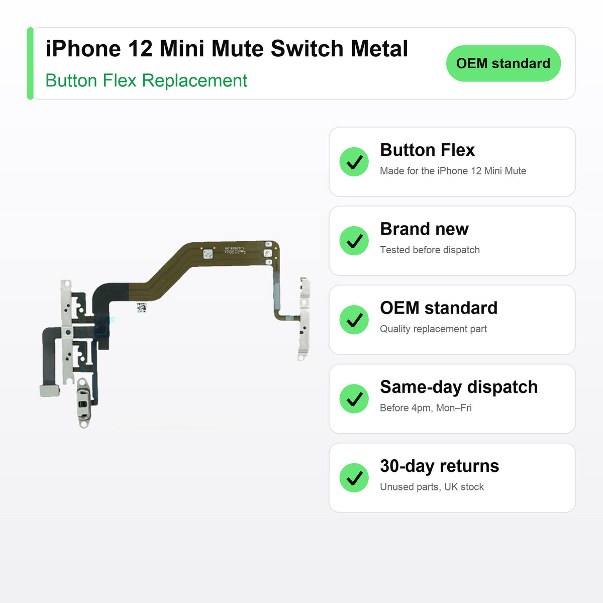 iPhone 12 Mini Mute Switch Metal Brackets button flex key facts: brand new, tested, same-day UK dispatch