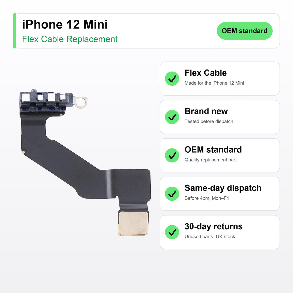 iPhone 12 Mini flex cable key facts: brand new, tested, same-day UK dispatch