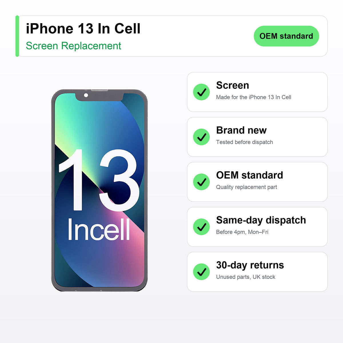 iPhone 13 In Cell screen key facts: brand new, tested, same-day UK dispatch