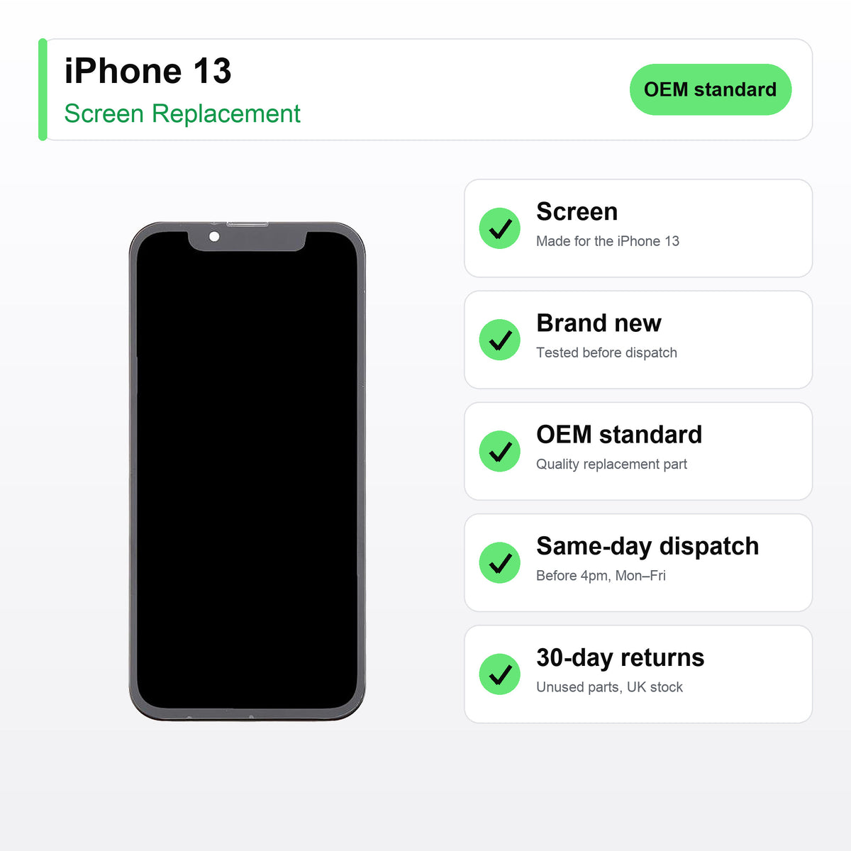 iPhone 13 screen key facts: brand new, tested, same-day UK dispatch