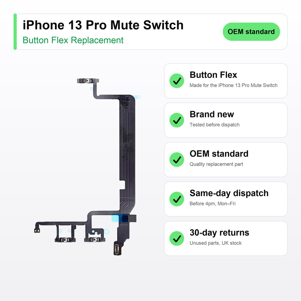 iPhone 13 Pro Mute Switch button flex key facts: brand new, tested, same-day UK dispatch
