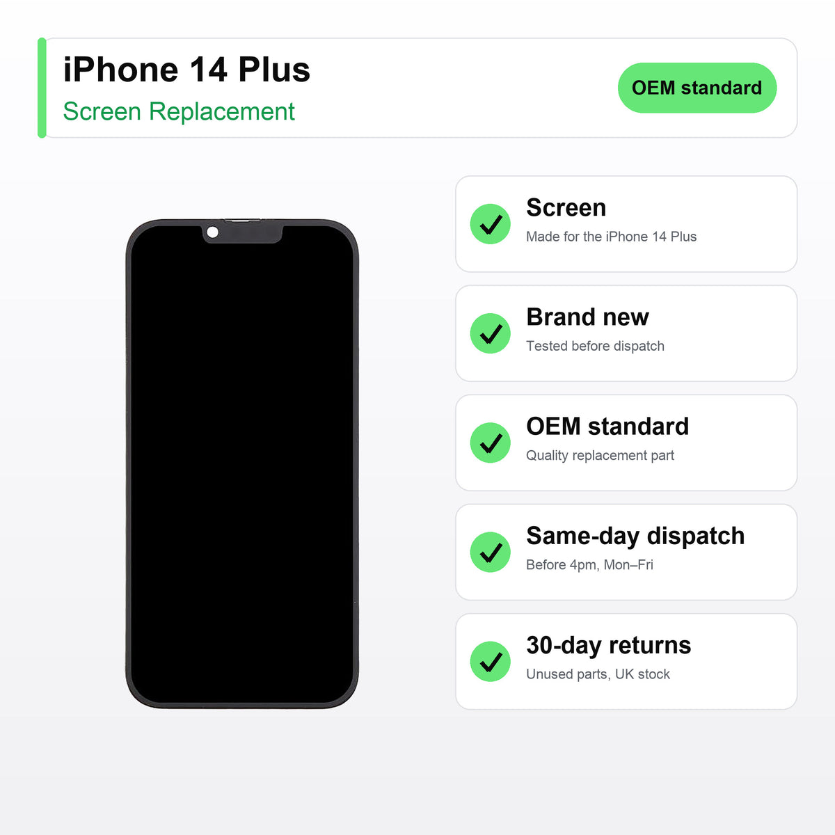 iPhone 14 Plus screen key facts: brand new, tested, same-day UK dispatch