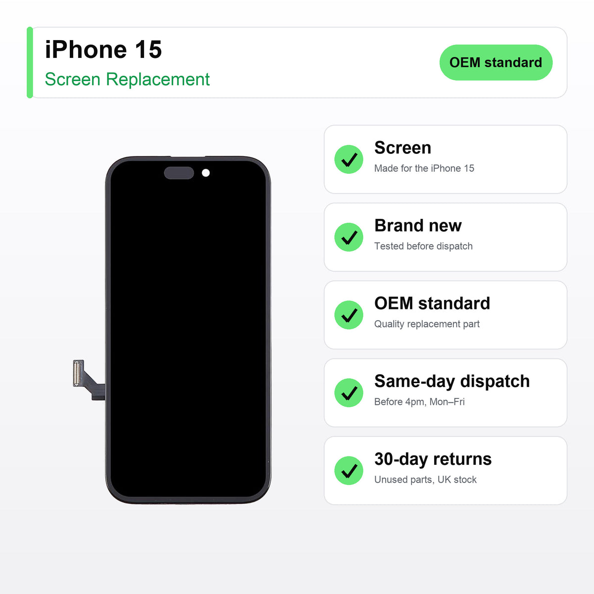 iPhone 15 screen key facts: brand new, tested, same-day UK dispatch