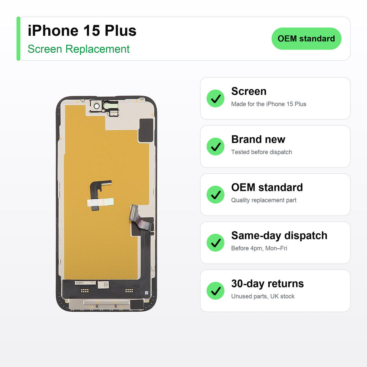 iPhone 15 Plus screen key facts: brand new, tested, same-day UK dispatch