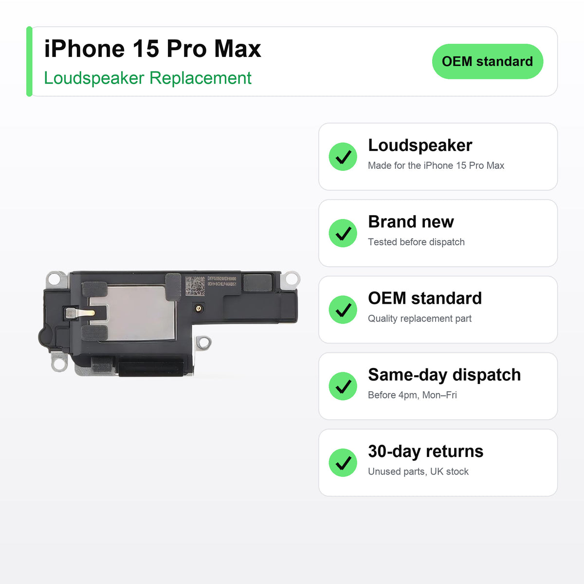 iPhone 15 Pro Max loudspeaker key facts: brand new, tested, same-day UK dispatch