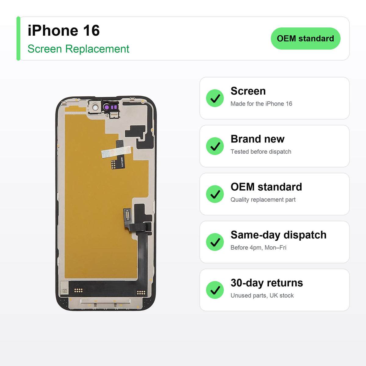 iPhone 16 screen key facts: brand new, tested, same-day UK dispatch