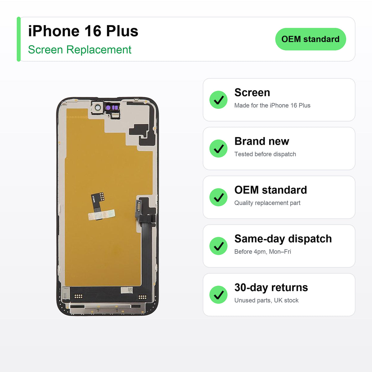 iPhone 16 Plus screen key facts: brand new, tested, same-day UK dispatch