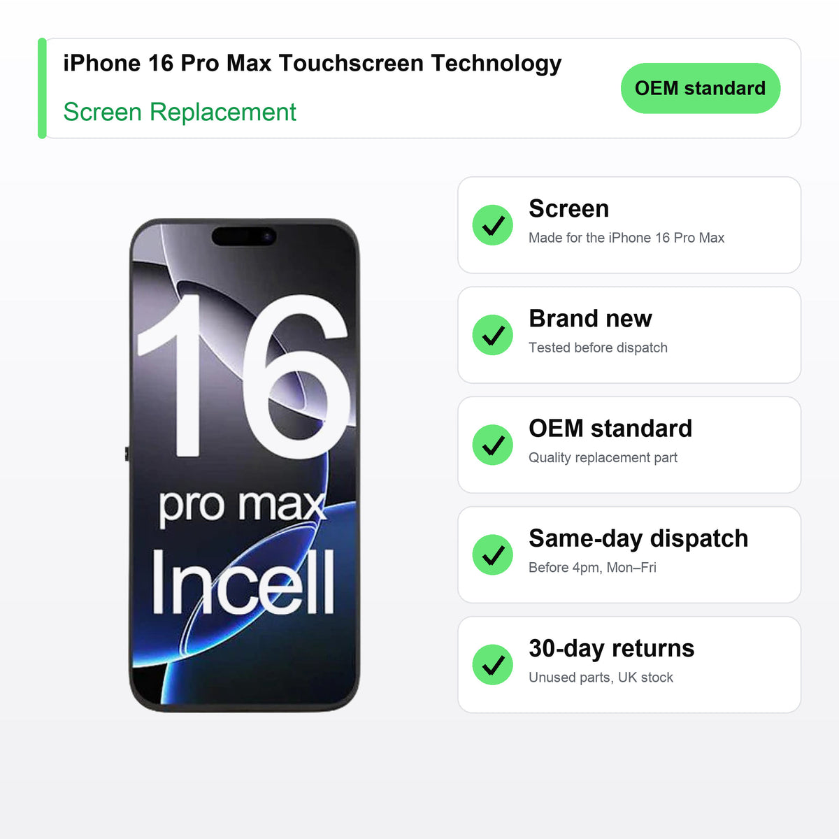 iPhone 16 Pro Max Touchscreen Technology screen key facts: brand new, tested, same-day UK dispatch