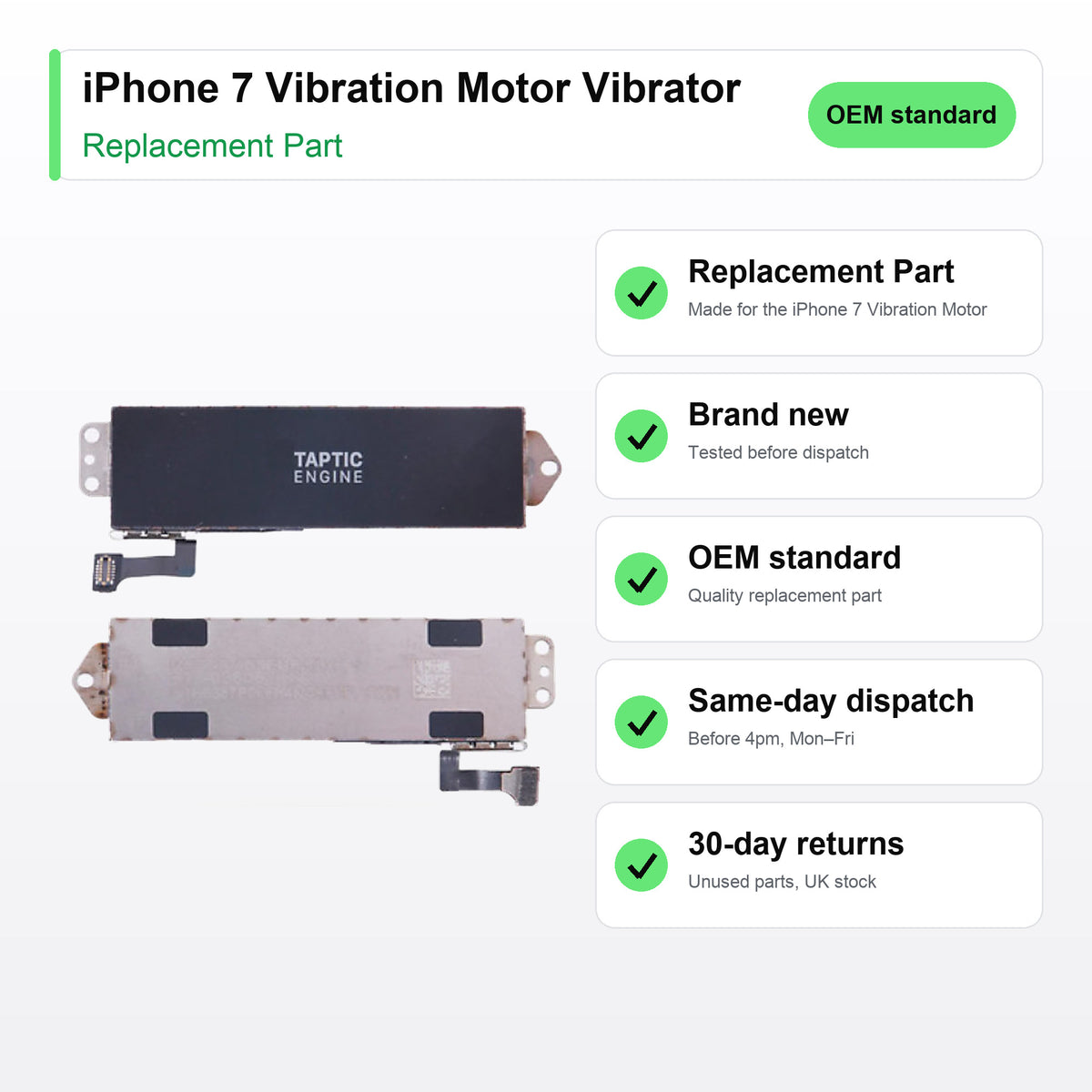 iPhone 7 Vibration Motor Vibrator part key facts: brand new, tested, same-day UK dispatch