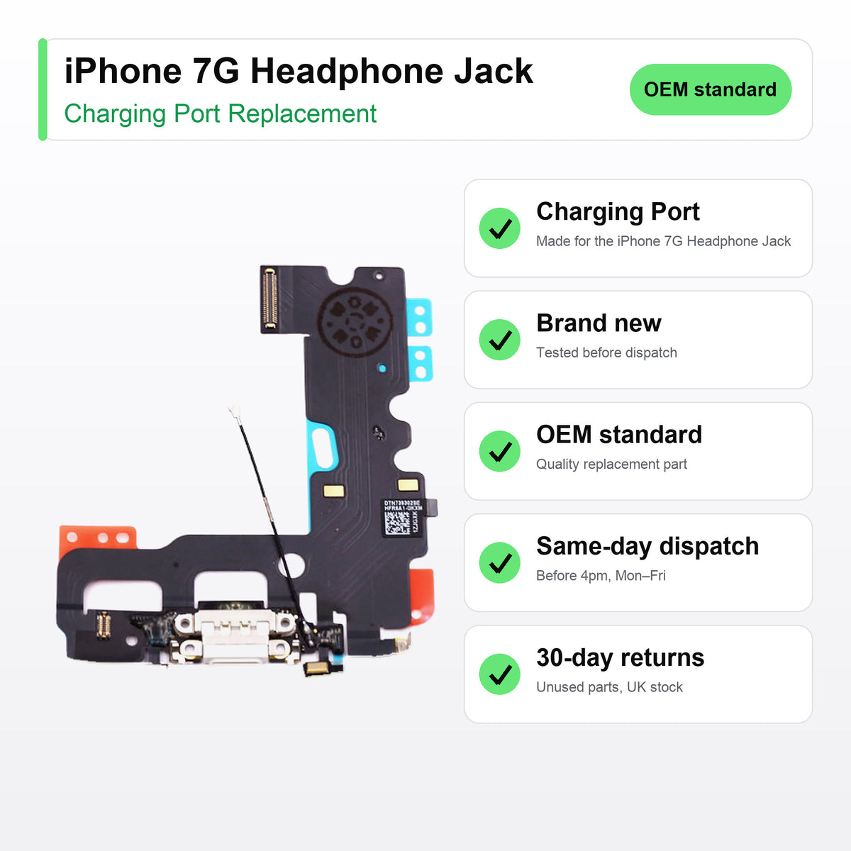 iPhone 7G Headphone Jack charging port key facts: brand new, tested, same-day UK dispatch