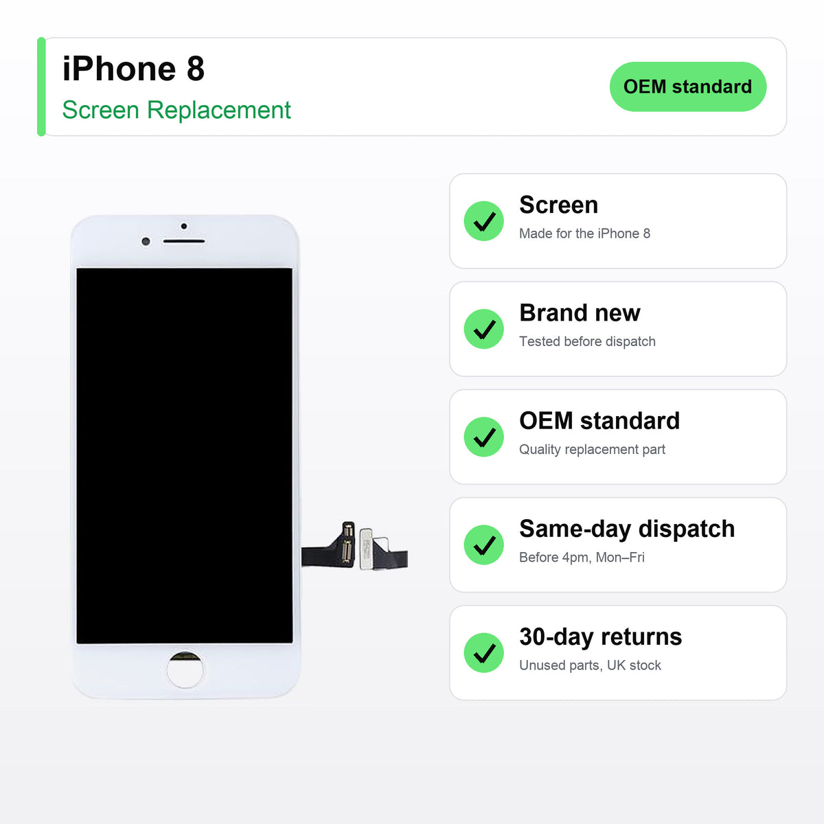 iPhone 8 screen key facts: brand new, tested, same-day UK dispatch