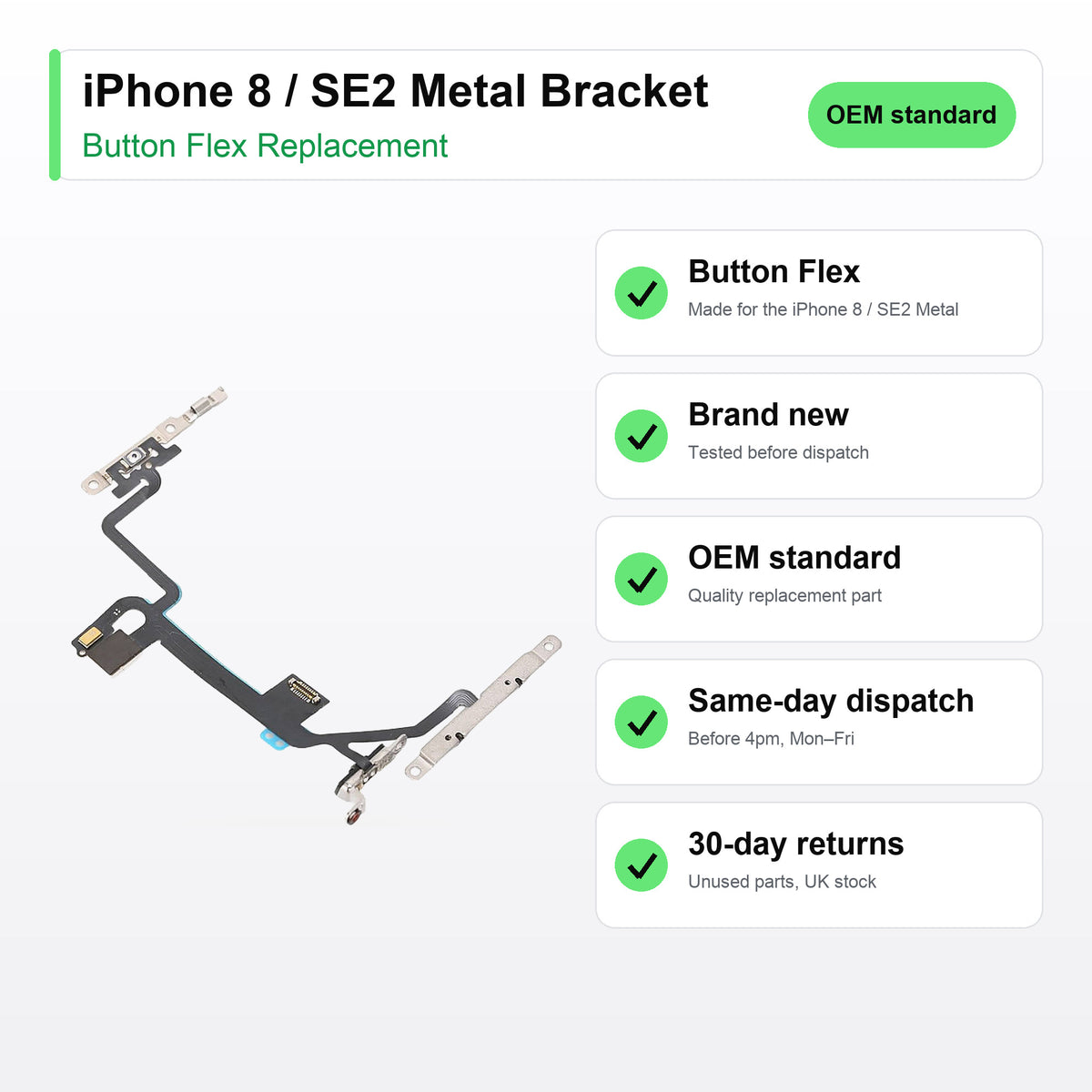 iPhone 8 / SE2 Metal Bracket button flex key facts: brand new, tested, same-day UK dispatch
