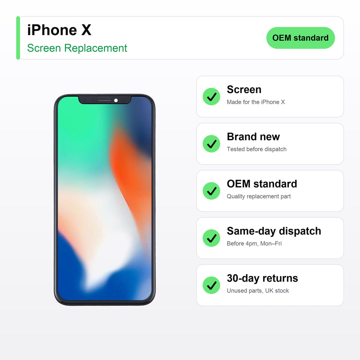 iPhone X screen key facts: brand new, tested, same-day UK dispatch