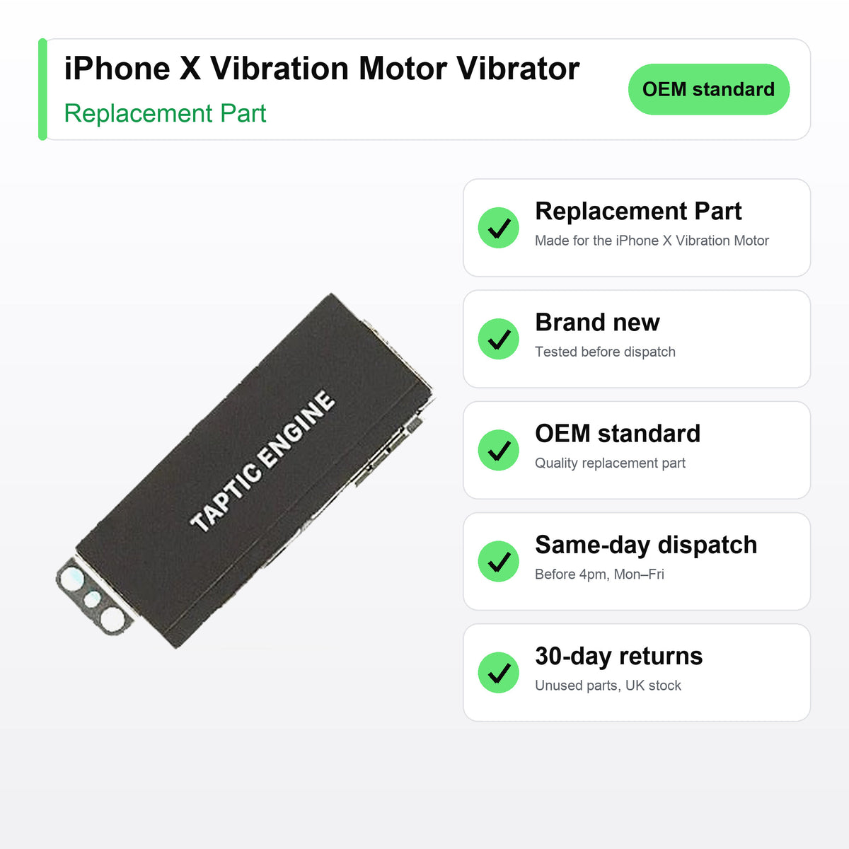 iPhone X Vibration Motor Vibrator part key facts: brand new, tested, same-day UK dispatch