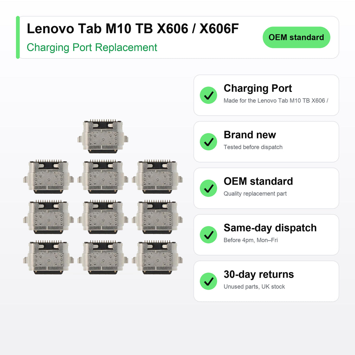 Lenovo Tab M10 TB X606 / X606F charging port key facts: brand new, tested, same-day UK dispatch