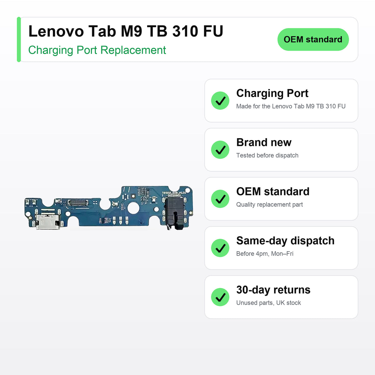 Lenovo Tab M9 TB 310 FU charging port key facts: brand new, tested, same-day UK dispatch