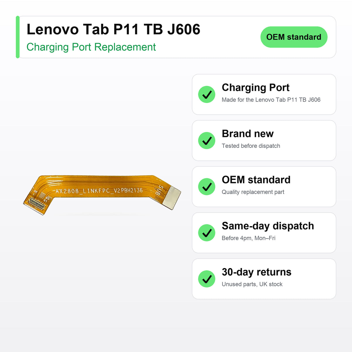 Lenovo Tab P11 TB J606 charging port key facts: brand new, tested, same-day UK dispatch