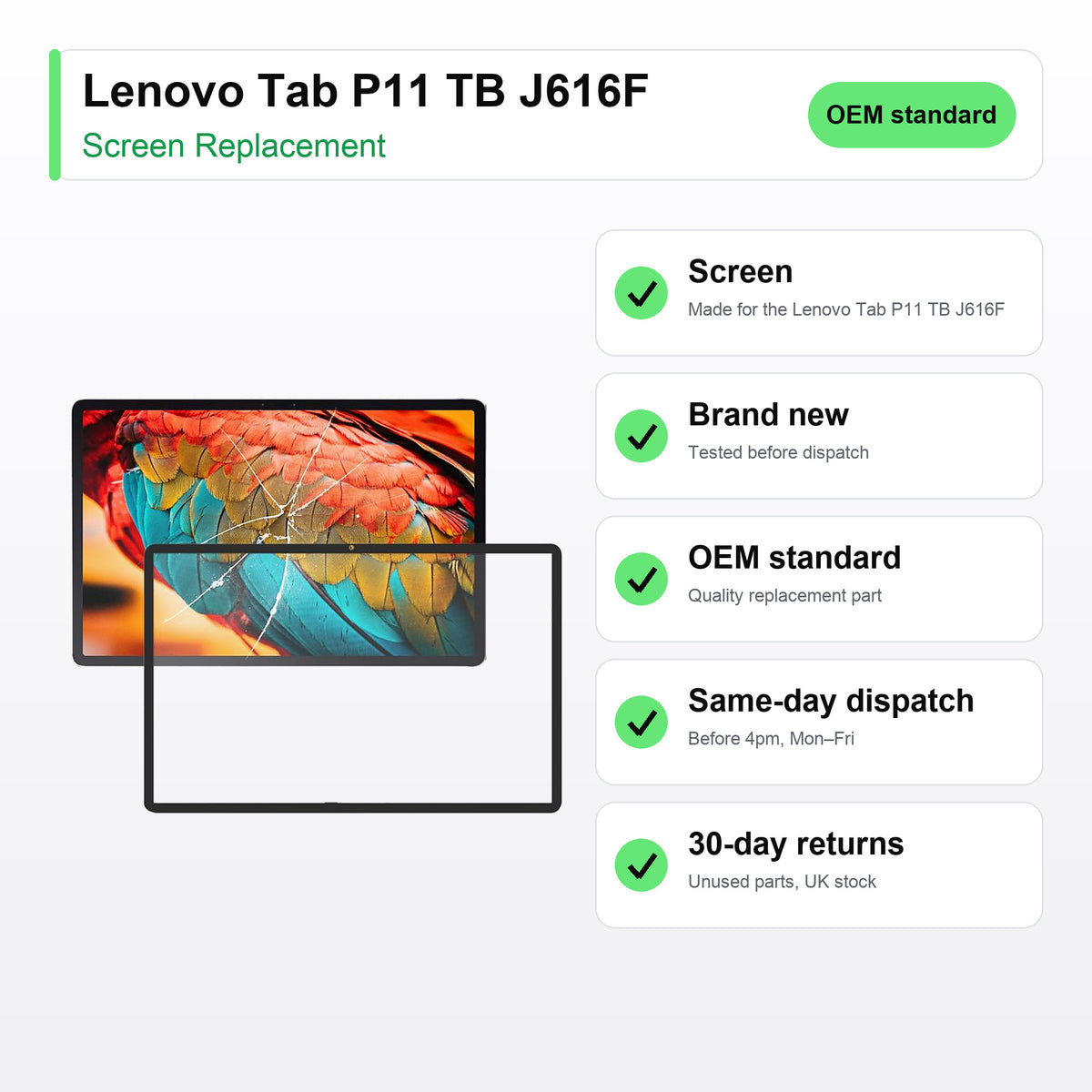 Lenovo Tab P11 TB J616F screen key facts: brand new, tested, same-day UK dispatch
