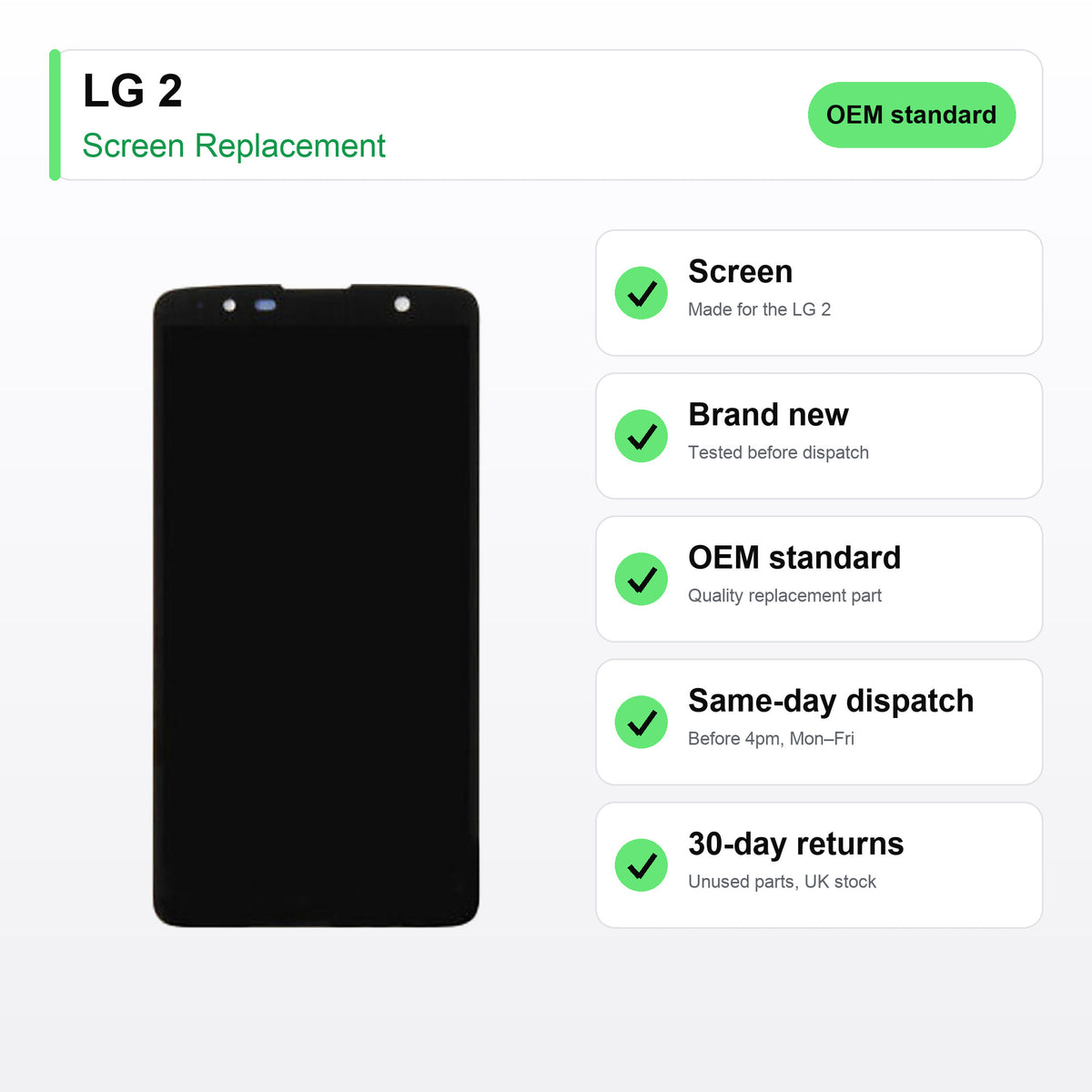 LG 2 screen key facts: brand new, tested, same-day UK dispatch