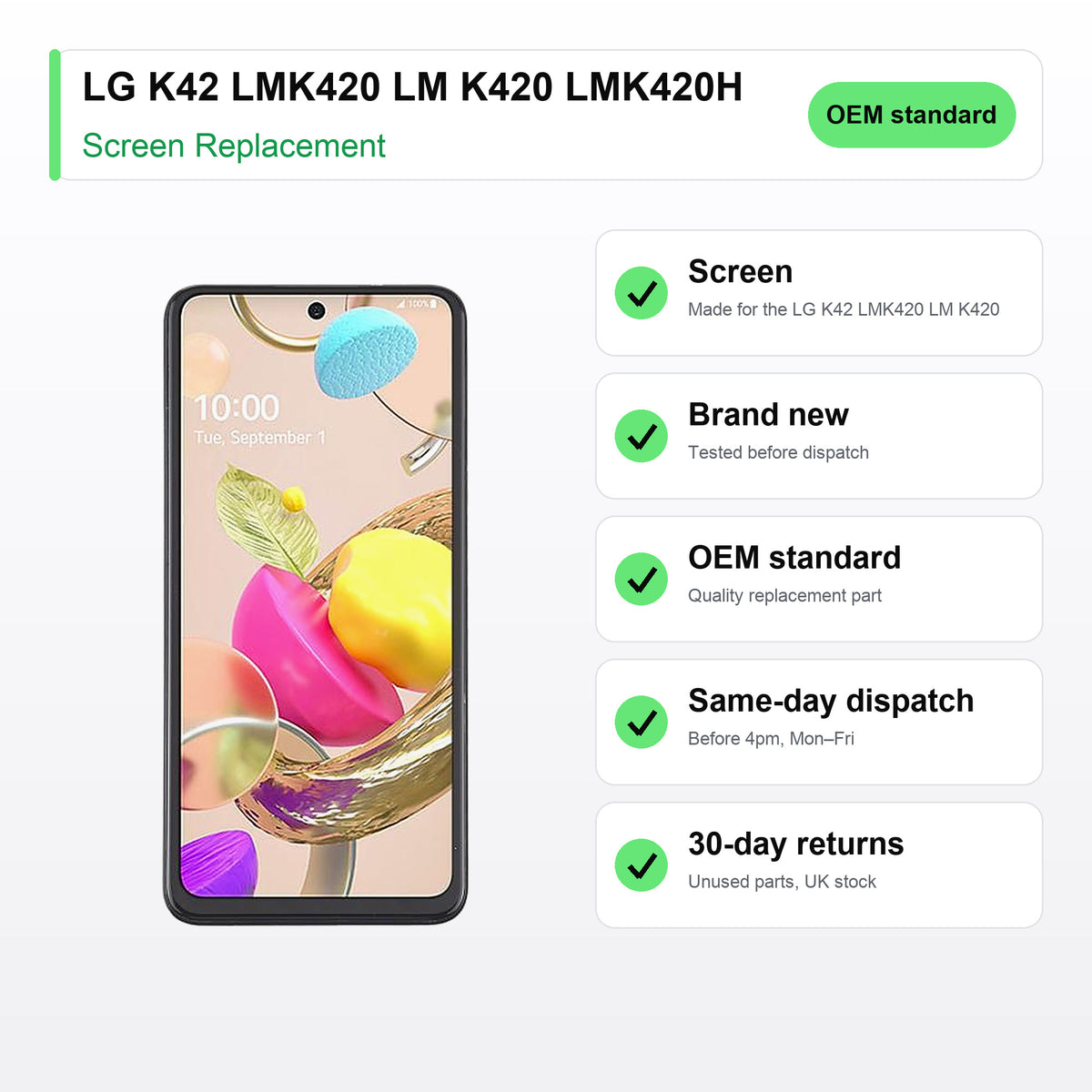 LG K42 LMK420 LM K420 LMK420H screen key facts: brand new, tested, same-day UK dispatch