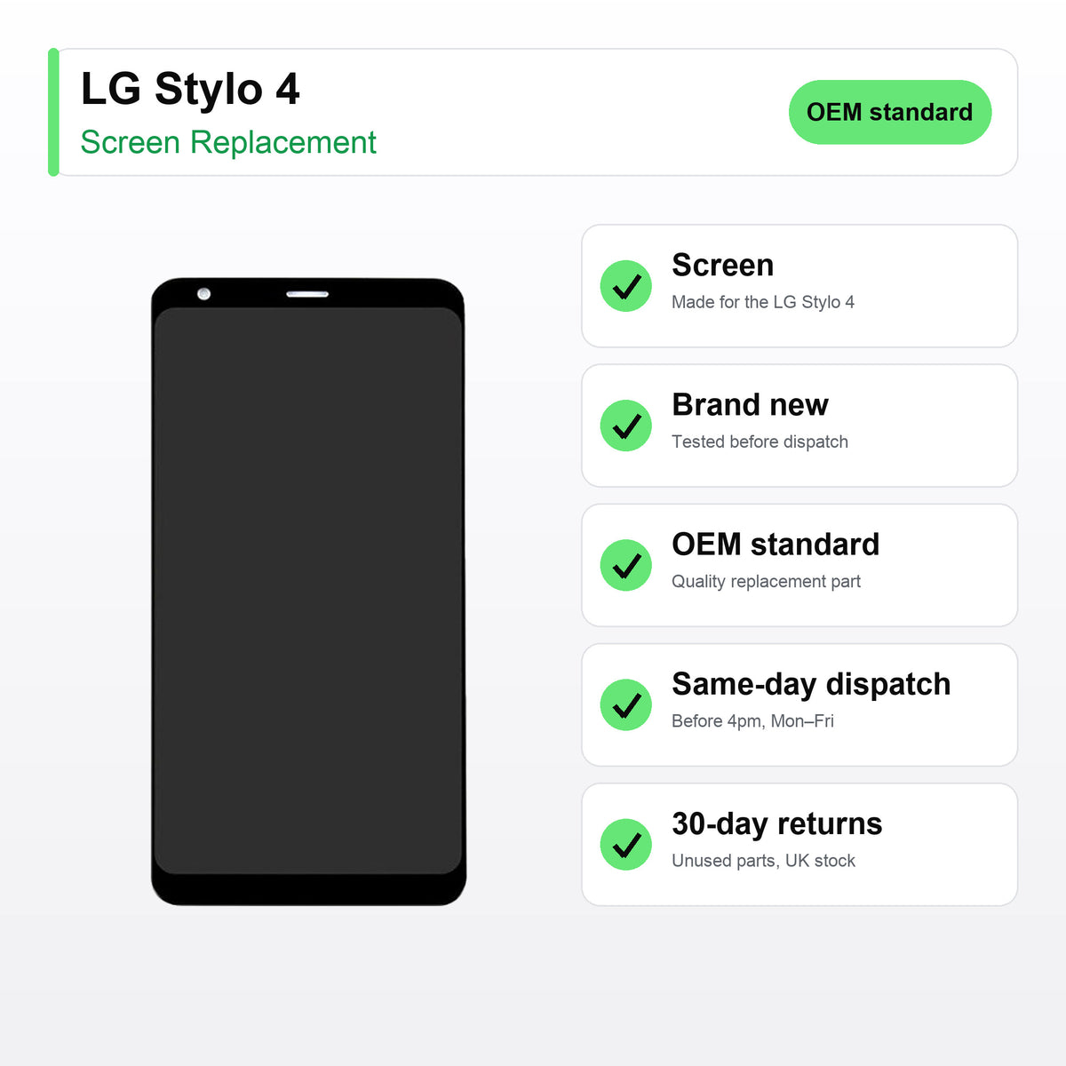 LG Stylo 4 screen key facts: brand new, tested, same-day UK dispatch