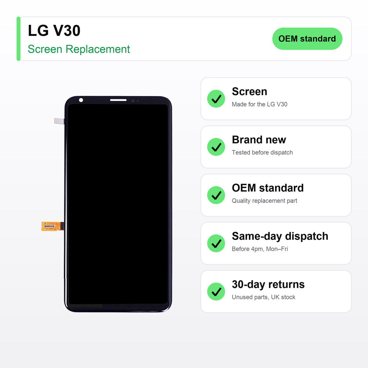 LG V30 screen key facts: brand new, tested, same-day UK dispatch