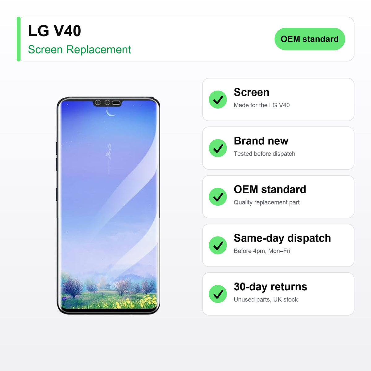 LG V40 screen key facts: brand new, tested, same-day UK dispatch