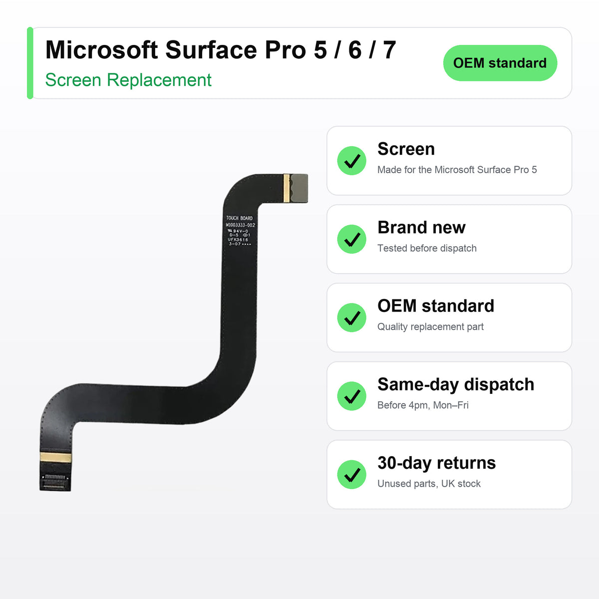 Microsoft Surface Pro 5 / 6 / 7 screen key facts: brand new, tested, same-day UK dispatch