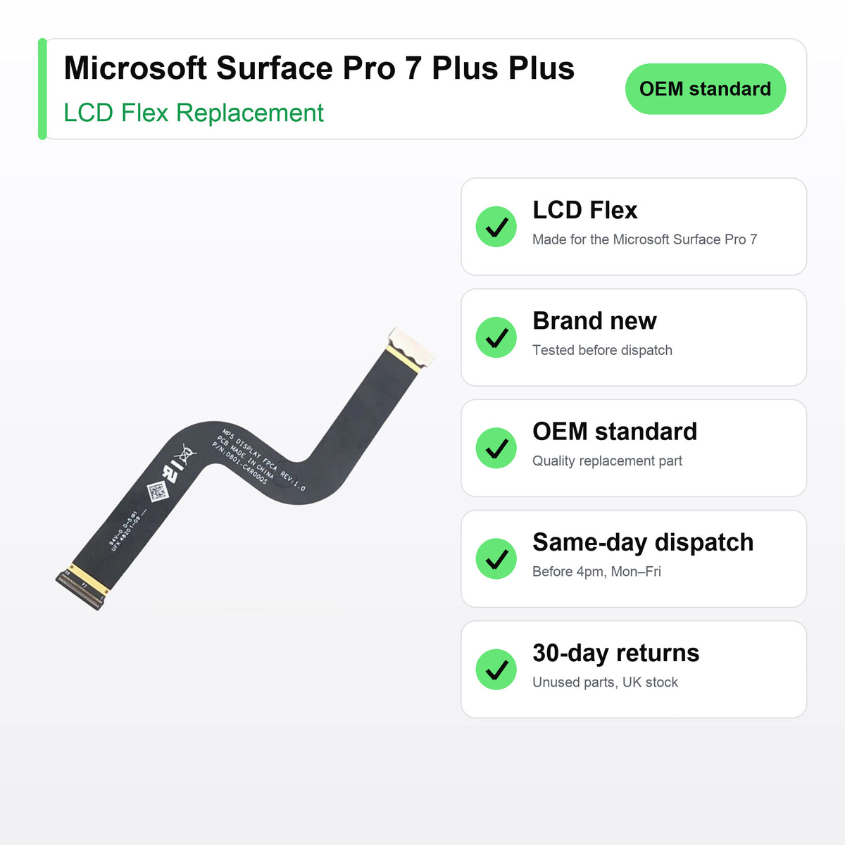 Microsoft Surface Pro 7 Plus Plus LCD flex cable key facts: brand new, tested, same-day UK dispatch