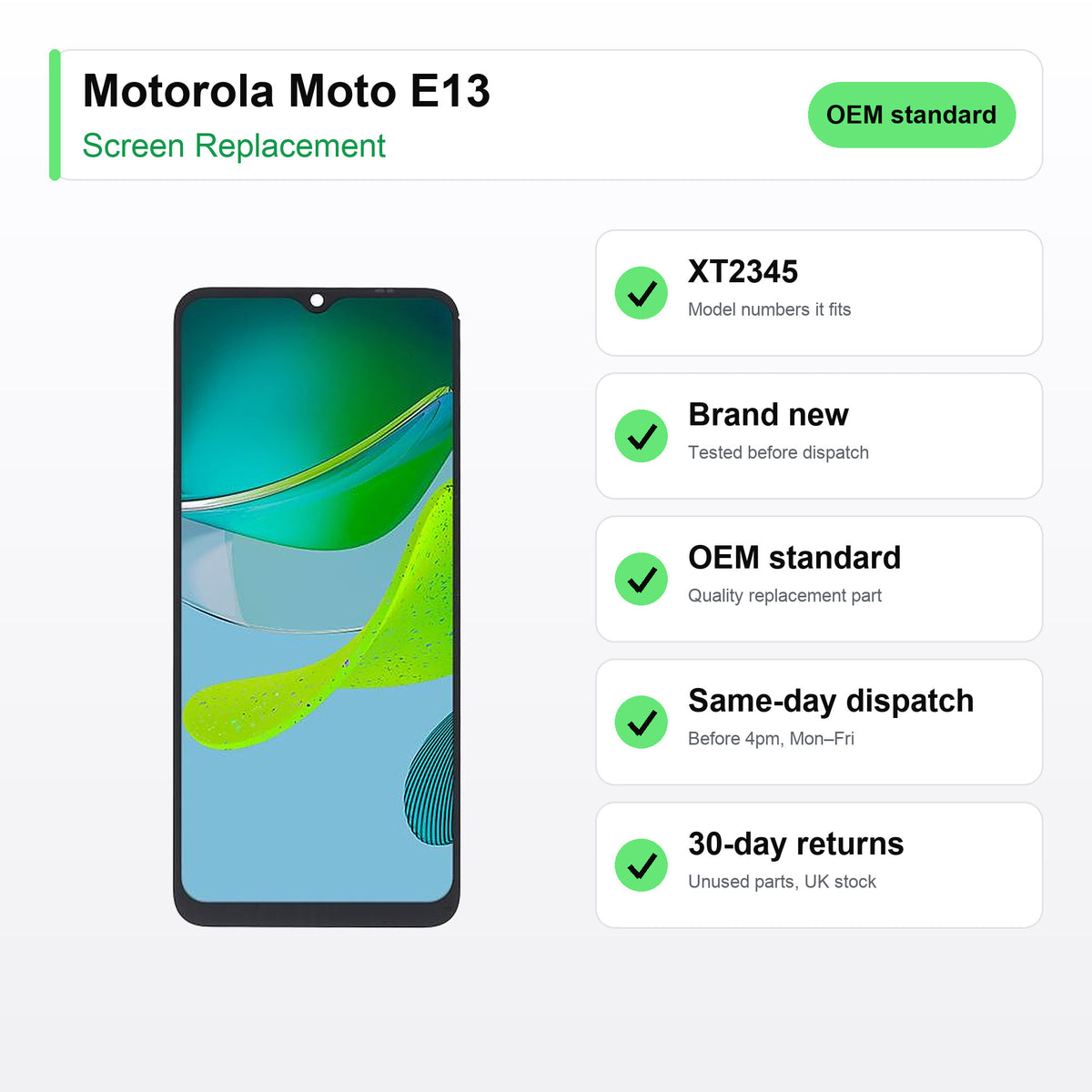 Motorola Moto E13 screen key facts: brand new, tested, same-day UK dispatch