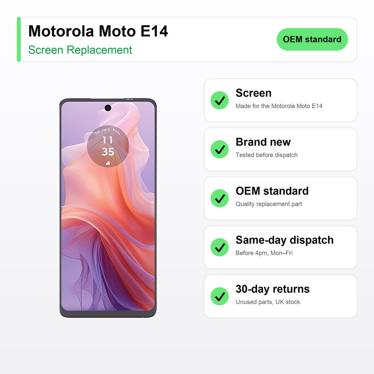 Motorola Moto E14 screen key facts: brand new, tested, same-day UK dispatch