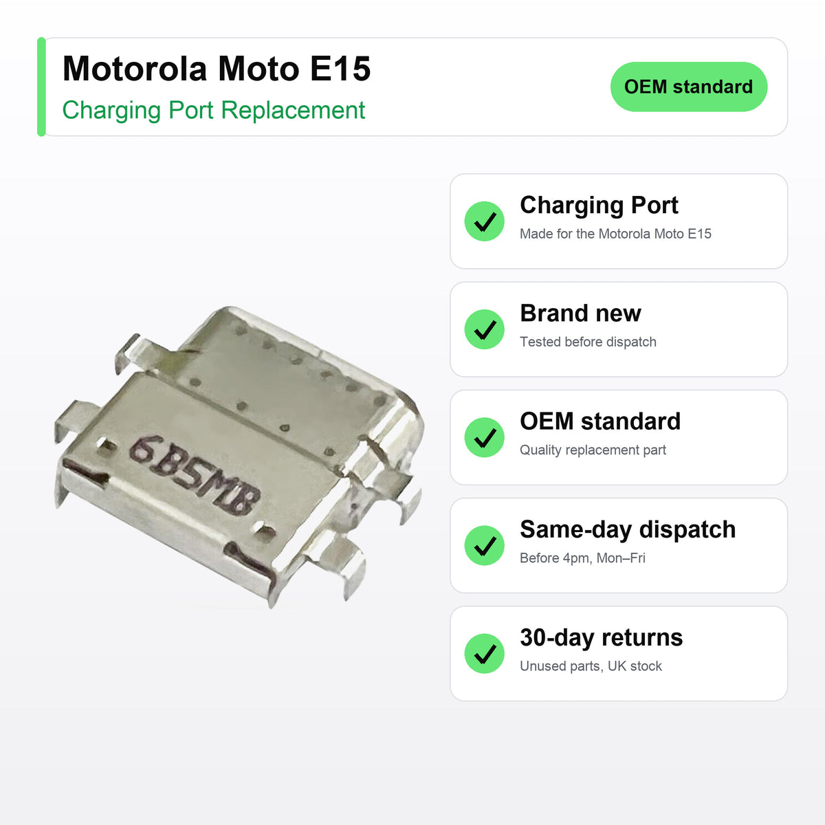 Motorola Moto E15 charging port key facts: brand new, tested, same-day UK dispatch