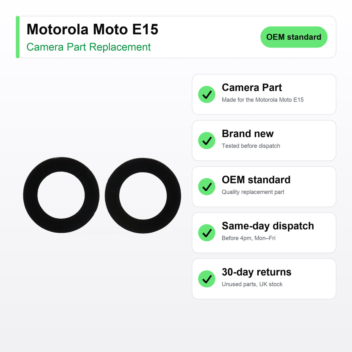 Motorola Moto E15 camera lens key facts: brand new, tested, same-day UK dispatch