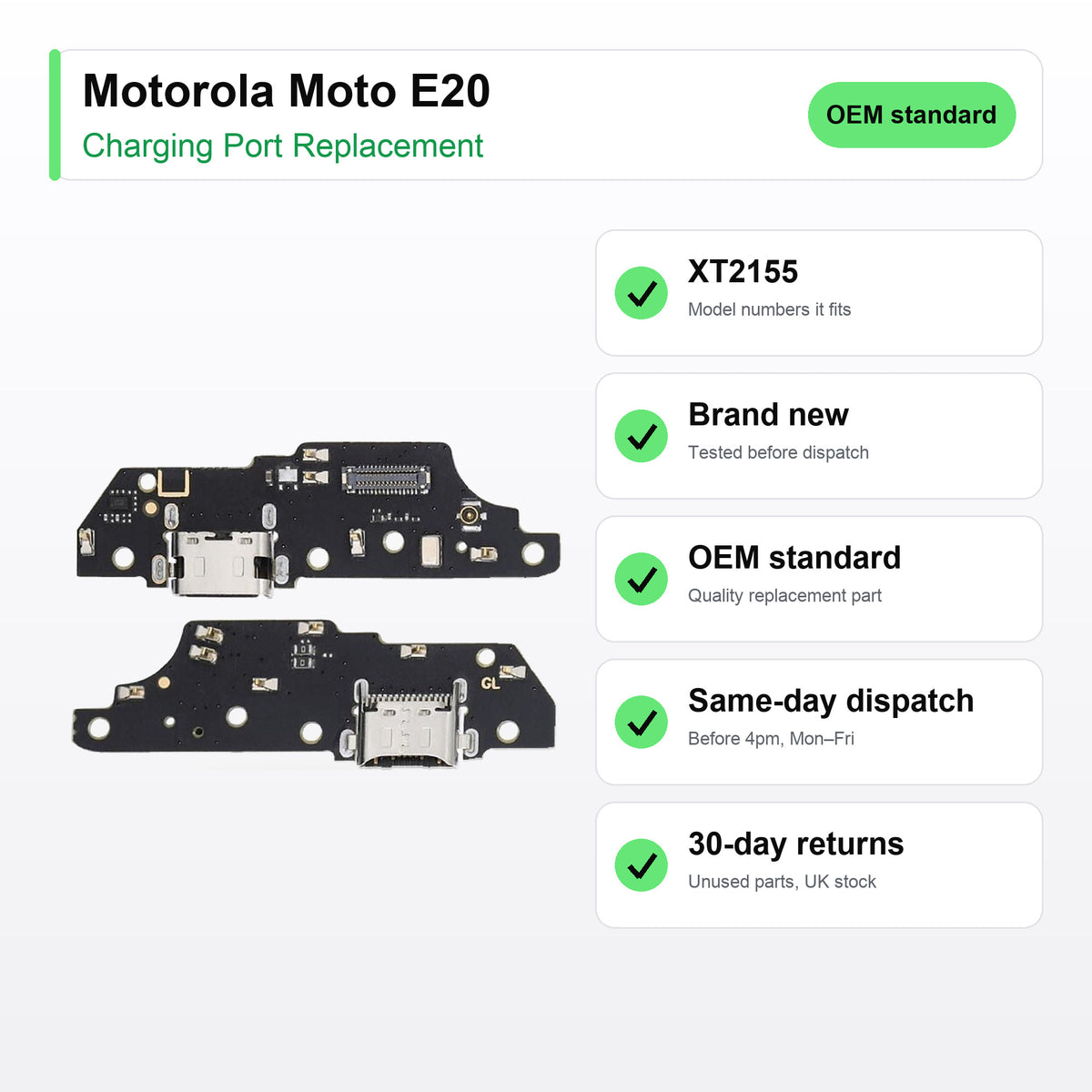Motorola Moto E20 charging port key facts: brand new, tested, same-day UK dispatch