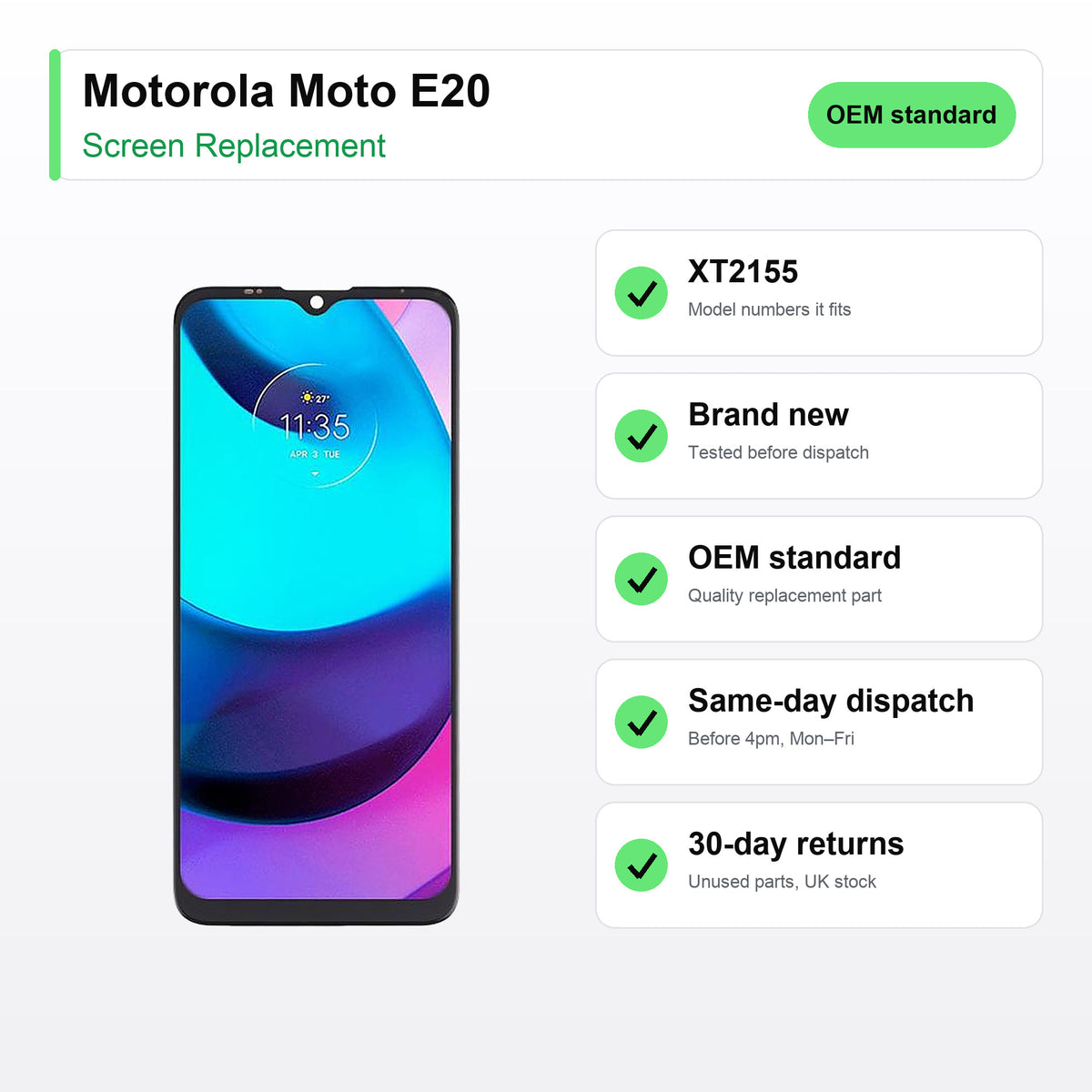 Motorola Moto E20 screen key facts: brand new, tested, same-day UK dispatch