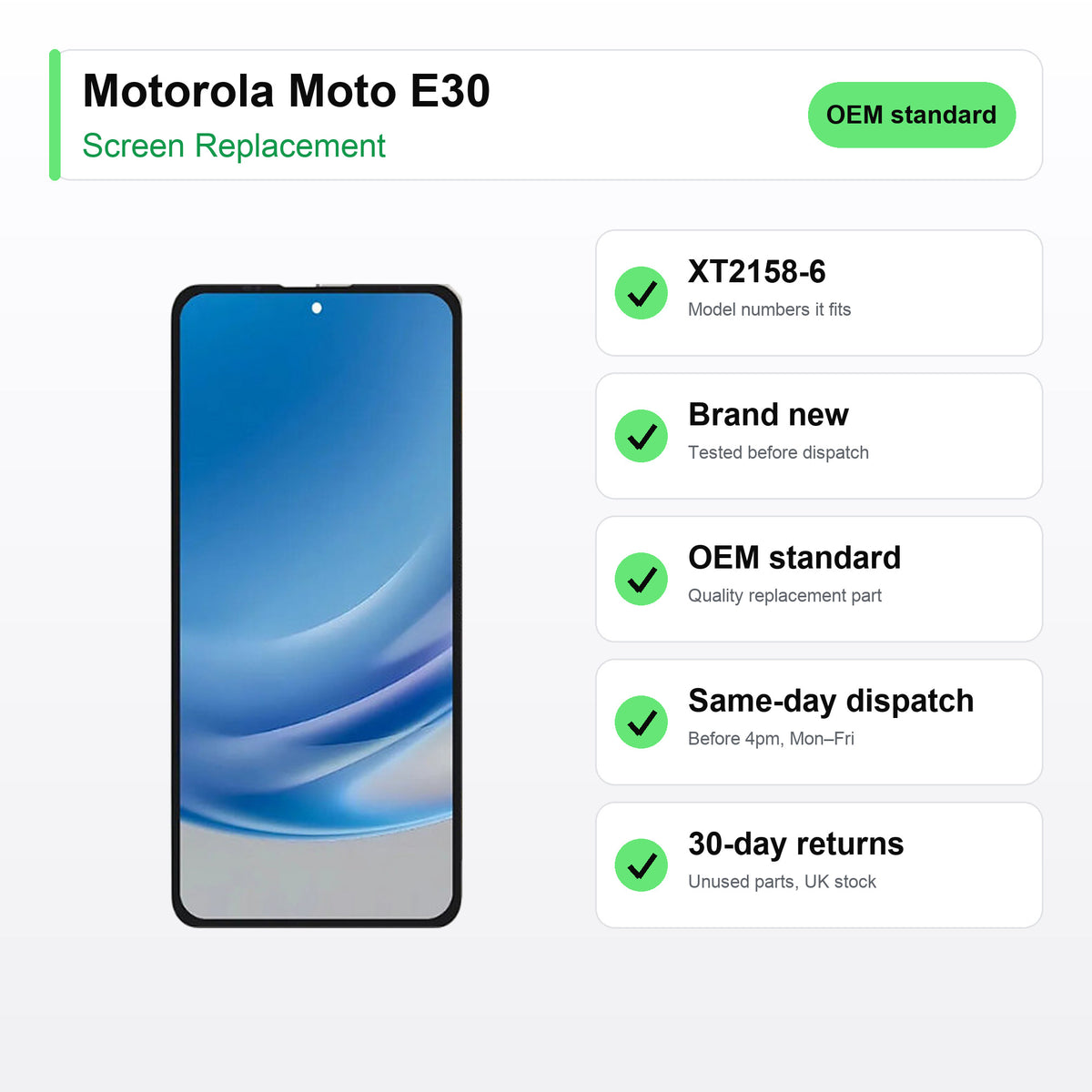 Motorola Moto E30 screen key facts: brand new, tested, same-day UK dispatch
