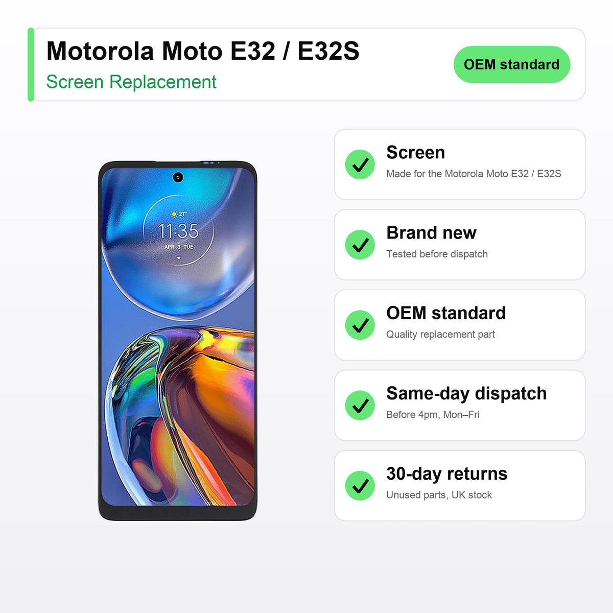 Motorola Moto E32 / E32S screen key facts: brand new, tested, same-day UK dispatch