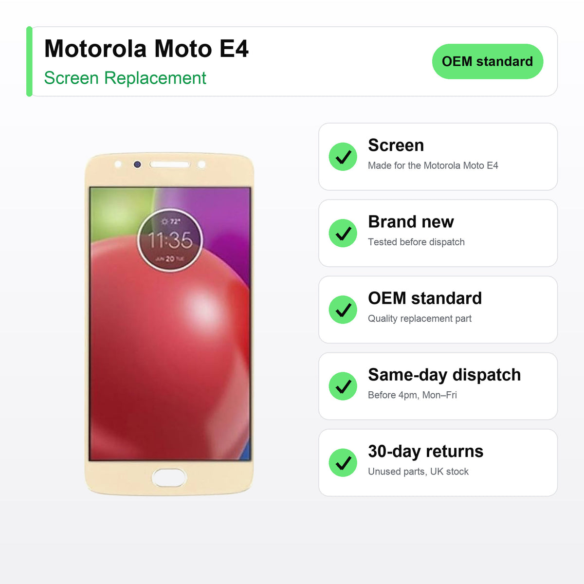 Motorola Moto E4 screen key facts: brand new, tested, same-day UK dispatch