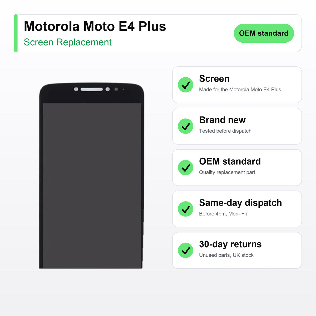 Motorola Moto E4 Plus screen key facts: brand new, tested, same-day UK dispatch