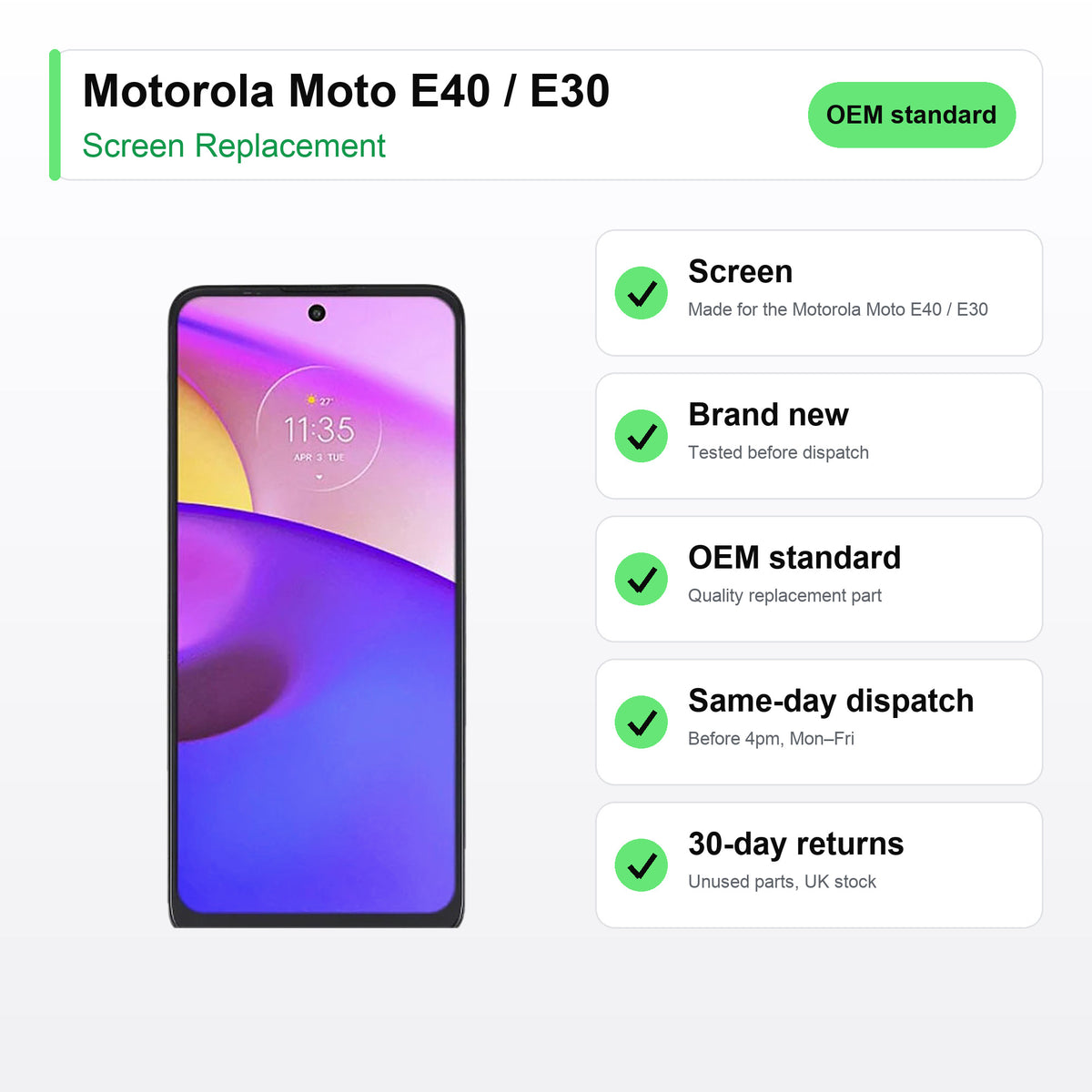 Motorola Moto E40 / E30 screen key facts: brand new, tested, same-day UK dispatch