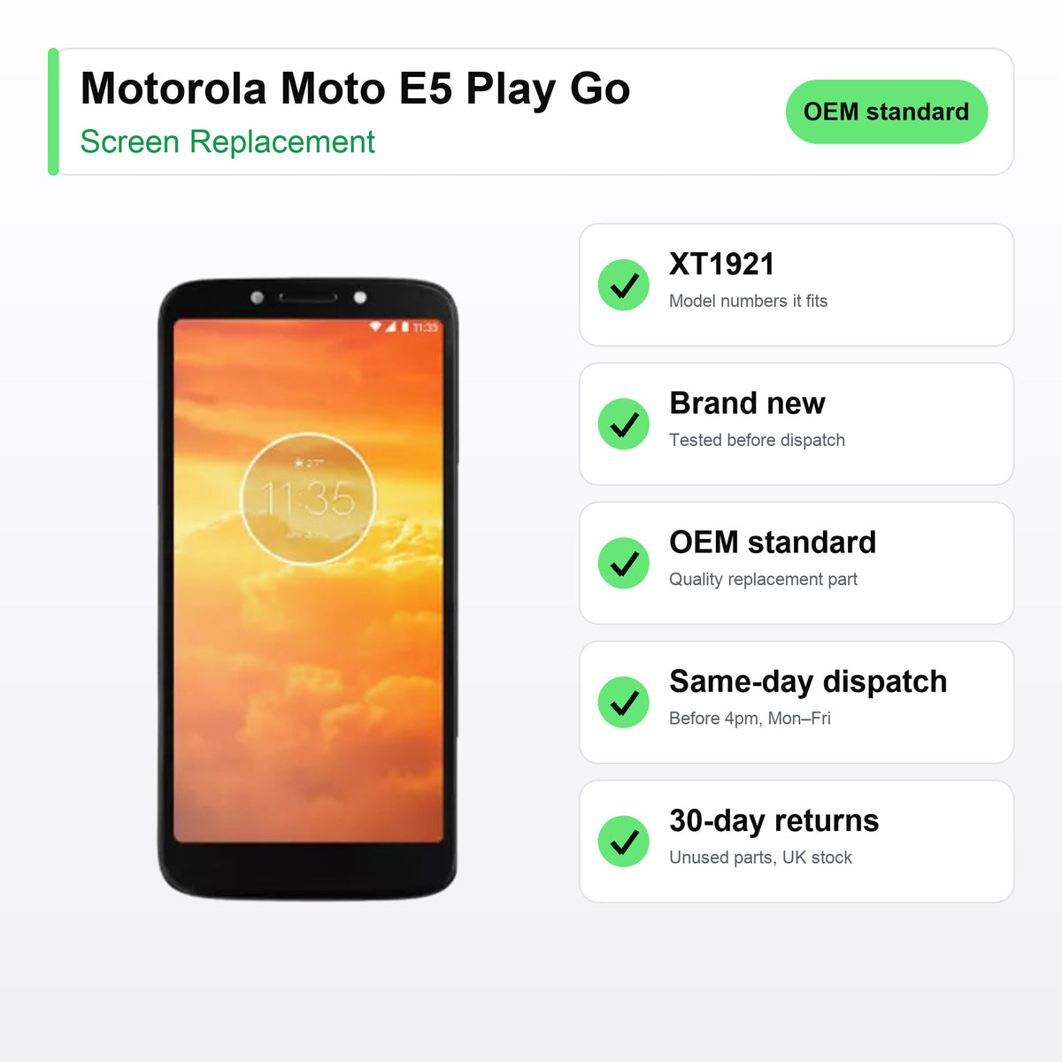 Motorola Moto E5 Play Go screen key facts: brand new, tested, same-day UK dispatch