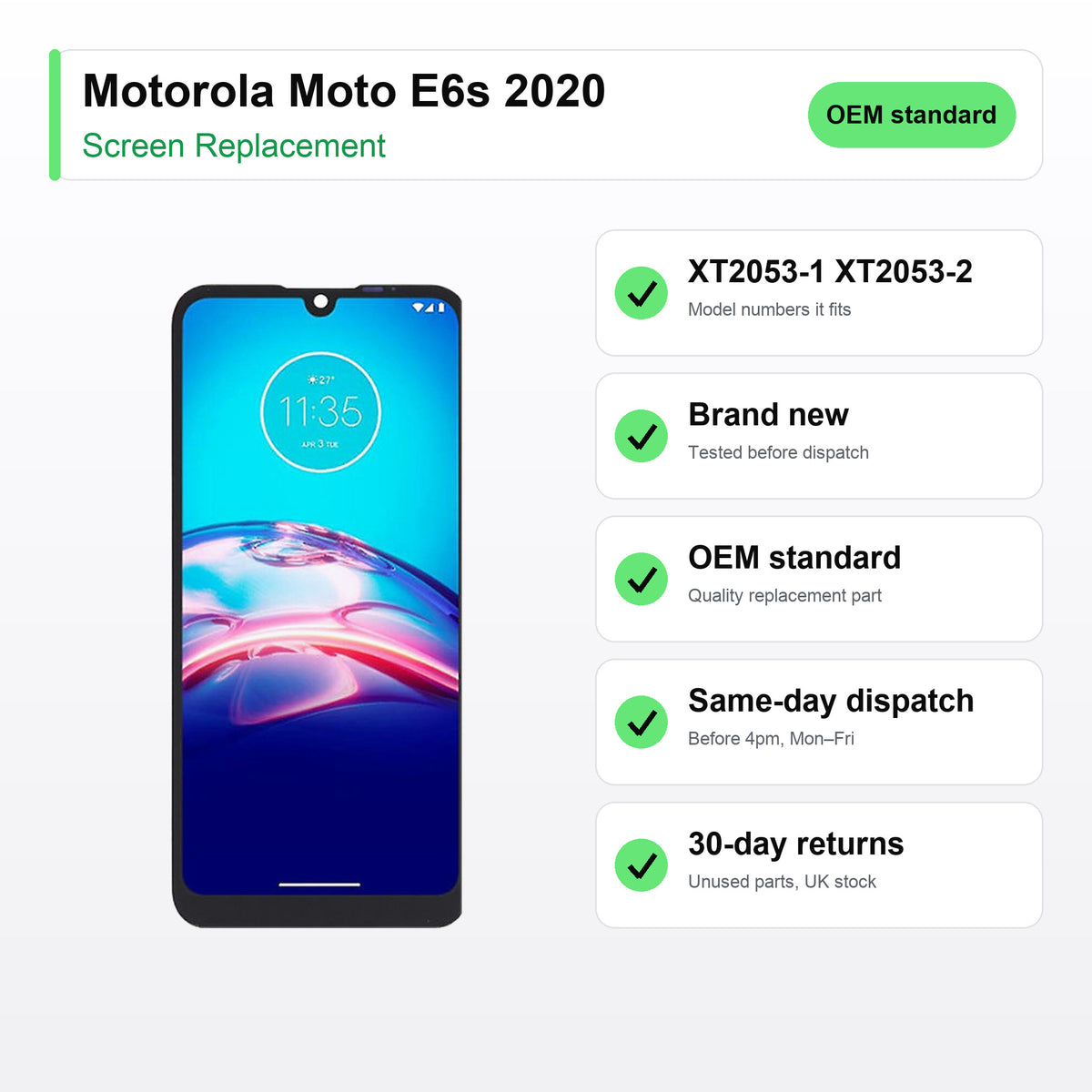 Motorola Moto E6s 2020 screen key facts: brand new, tested, same-day UK dispatch