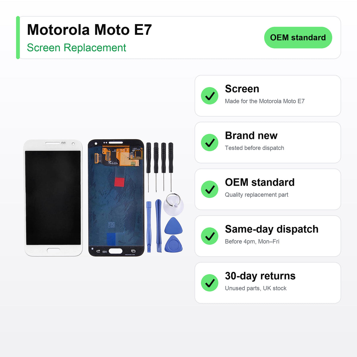 Motorola Moto E7 screen key facts: brand new, tested, same-day UK dispatch