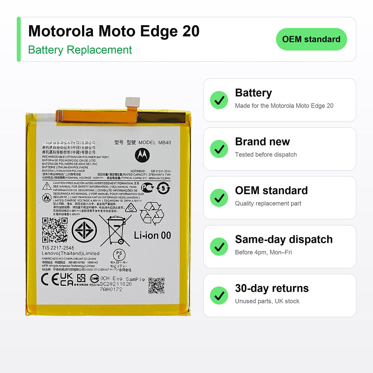 Motorola Moto Edge 20 battery key facts: brand new, tested, same-day UK dispatch
