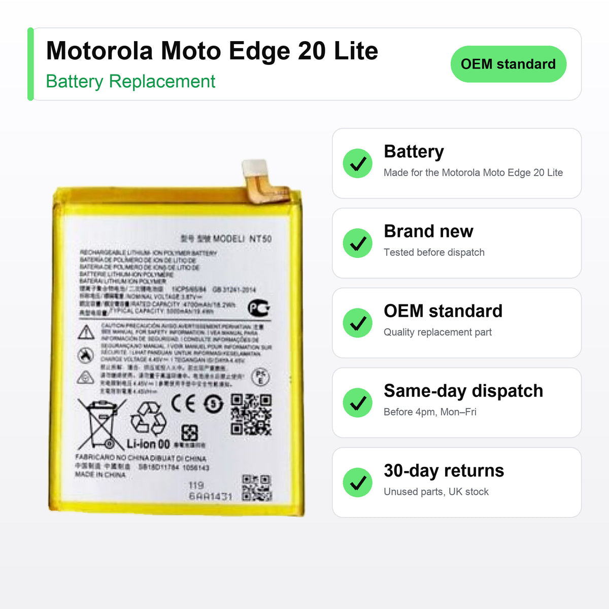 Motorola Moto Edge 20 Lite battery key facts: brand new, tested, same-day UK dispatch