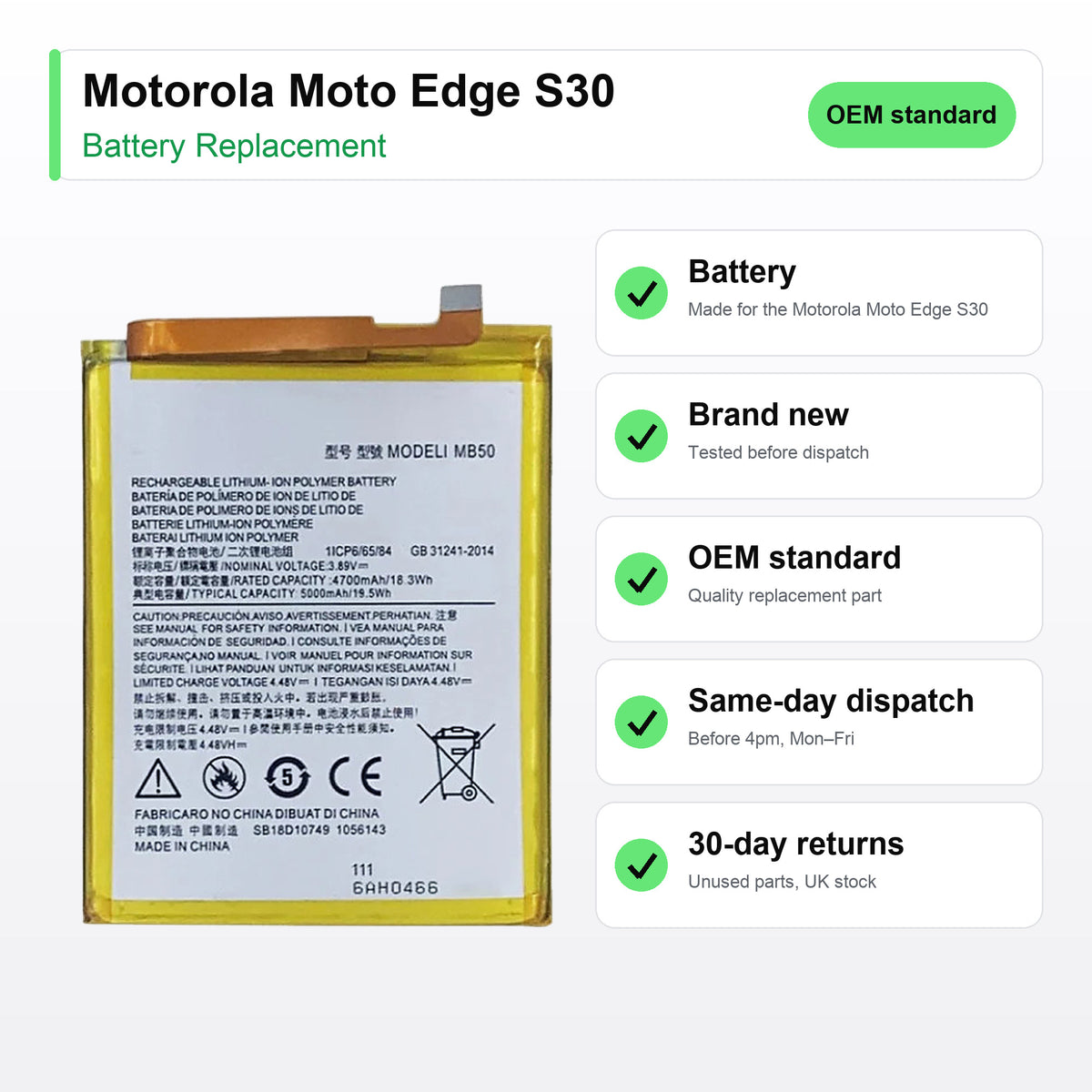 Motorola Moto Edge S30 battery key facts: brand new, tested, same-day UK dispatch